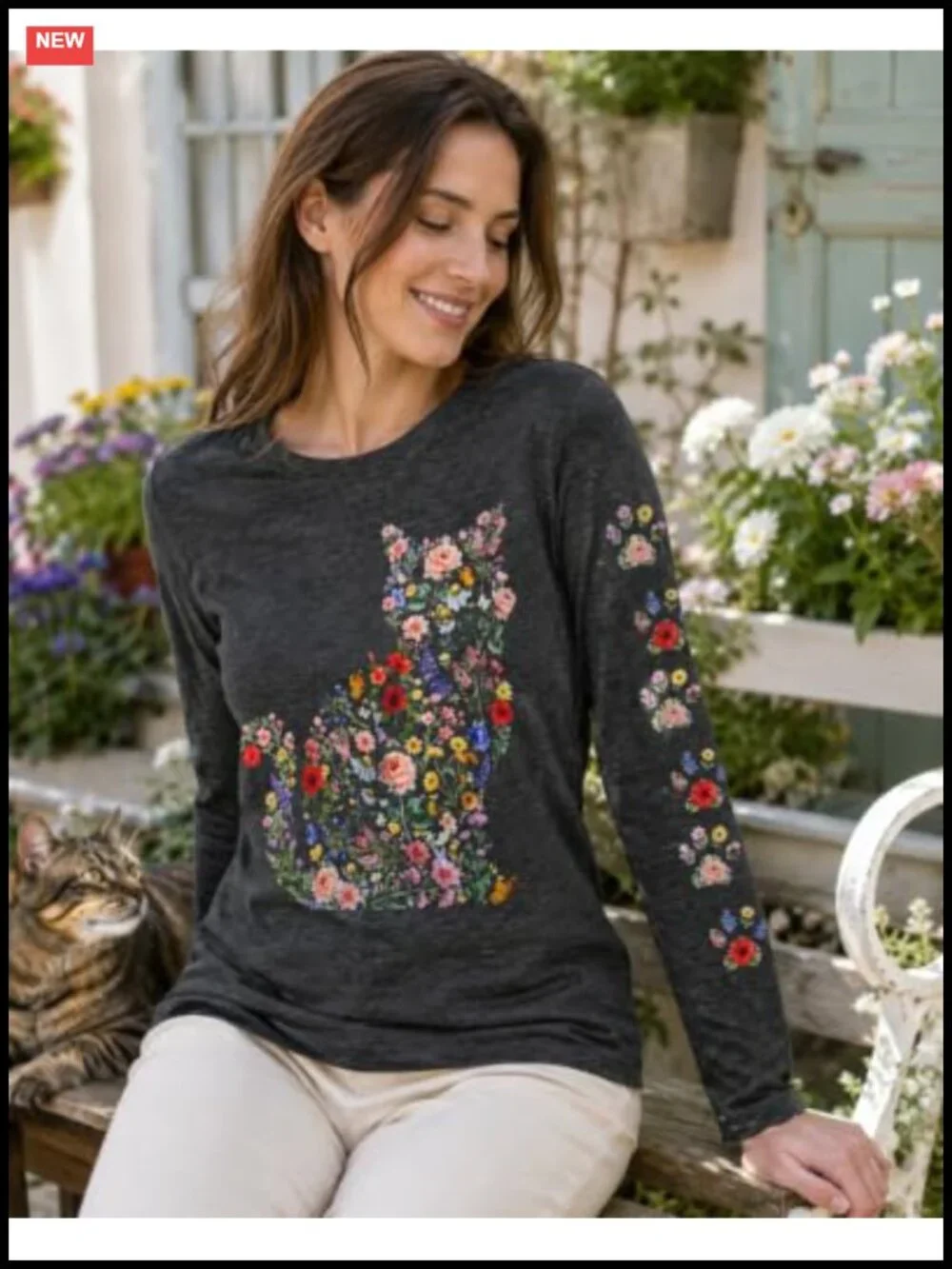 Cute Cat Graphic Long Sleeve Tee for Women, Casual Crewneck Pullover, Soft
